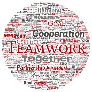 Vektör kavramsal ekip çalışması yönetimi yuvarlak daire kırmızı ortaklık fikri, başarı hedefi word cloud izole arka plan. Kolaj bir iş stratejisi olarak grup işbirliği çözüm ya da takım konsept tasarımı
