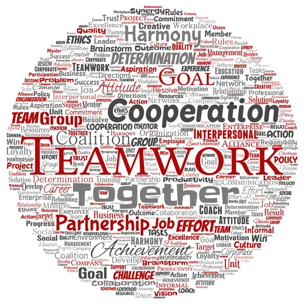 Vektör kavramsal ekip çalışması yönetimi yuvarlak daire kırmızı ortaklık fikri, başarı hedefi word cloud izole arka plan. Kolaj bir iş stratejisi olarak grup işbirliği çözüm ya da takım konsept tasarımı