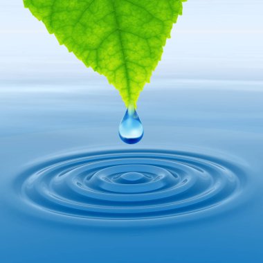 Kavram ya da kavramsal temiz kaynak suyu veya çiğ bırakın dalgalar yapma 3d illüstrasyon mavi temiz su üzerinde yeşil bir taze yaprak düşüyor