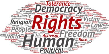 Kavram ya da kavramsal insan hakları siyasi özgürlük, demokrasi soyut kelime bulutu arka plan izole. İnsanlık dünya hoşgörü, hukuk ilkeleri, insanlar adalet ayrımcılık metin kolaj
