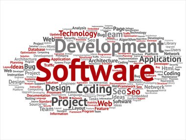 Kavram ya da kavramsal yazılım geliştirme projesi teknoloji soyut kelime bulutu kodlama arka plan izole. Uygulama web tasarım, seo fikir, uygulama, test yükseltme metin kolaj