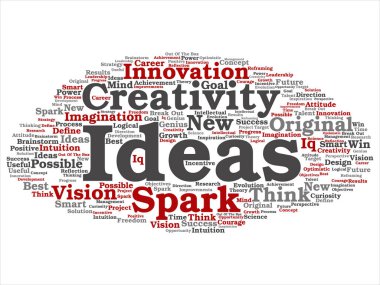 Kavram ya da soyut kelime beyin fırtınası kavramsal yaratıcı yeni bir fikir üzerinde izole arka plan bulut. Spark yaratıcılık, özgün yenilik vizyon, düşünmek, başarı, akıllı dahi metin kolaj