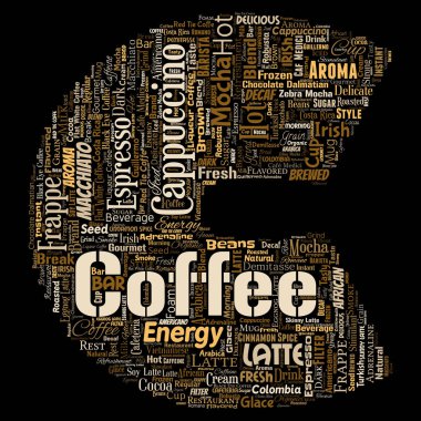 Kavramsal yaratıcı sıcak sabah İtalyan kahve molası cappuccino veya espresso restoran veya kafeterya mektup yazı tipi C içecek izole bulut kelime. Enerji ya da tat içecek konsepti metin bir sıçrama