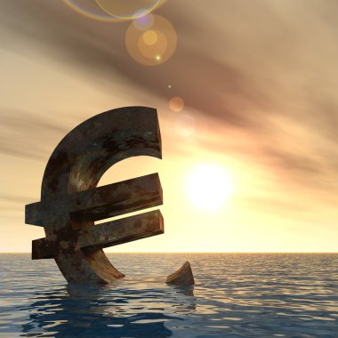 Kavramsal 3d örnek para birimi euro simgesini veya su, deniz ya da okyanus günbatımı arka plan kavramı Avrupa kriz için batan erkek