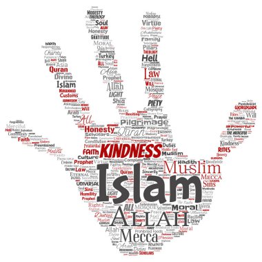 Kavramsal islam, Peygamber, Cami el baskı damga kelime izole bulut arka plan. Müslüman, ramadam, Kur'an-ı Kerim, Hac, Allah'ın, görevleri, sanat, hat, oryantal, gelenek kavramı kolaj