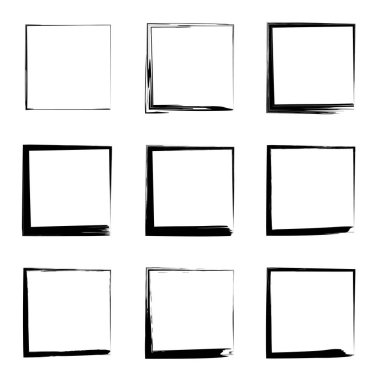 Koleksiyon veya sanatsal siyah boya el kümesi yaratıcı grungy fırça konturu kare kare veya beyaz arka plan üzerinde izole sınırları yaptı. Bir grunge eğitim kroki soyut yaratıcı mürekkep tasarım