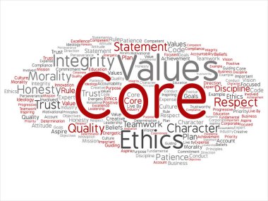 Kavramsal temel değerleri bütünlük etik kavramı kelime izole bulut arka plan soyut. Dürüstlük kalite güven, deyim, karakter, önemli azim, saygı güvenilir metin kolaj