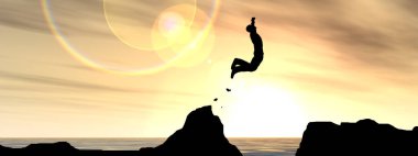 Kavram ya da kavramsal 3d resimde genç adam ya da işadamı siluet atlamak mutlu uçurumun üzerinden su gap gündoğumu veya günbatımı gökyüzü arka plan afiş