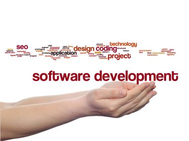 Kavram ya da teknoloji soyut kelime bulut üzerinde arka izole elinde kodlama kavramsal yazılım geliştirme projesi