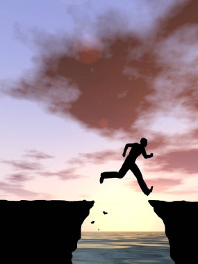 Kavram ya da kavramsal 3d resimde genç adam ya da işadamı siluet atlamak mutlu uçurumun üzerinden su gap gündoğumu veya günbatımı gökyüzü arka plan