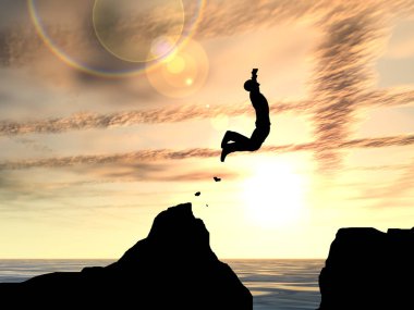 Kavram ya da kavramsal 3d resimde genç adam ya da işadamı siluet atlamak mutlu uçurumun üzerinden su gap gündoğumu veya günbatımı gökyüzü arka plan