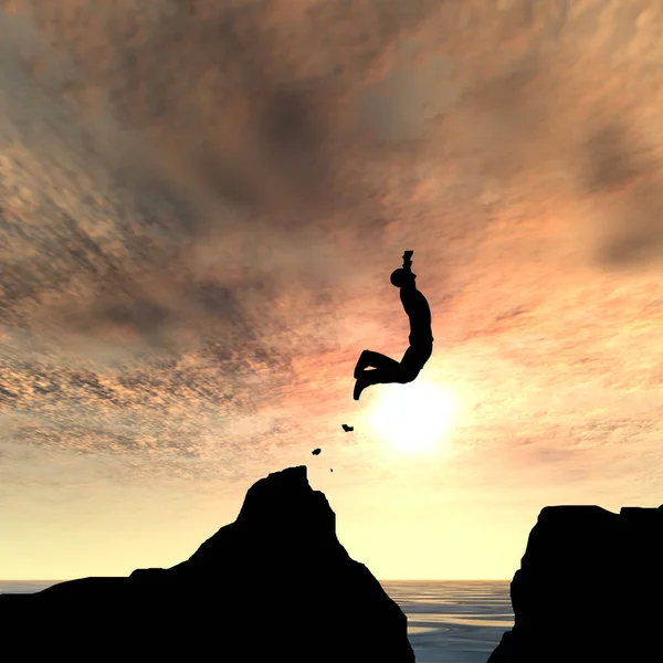 概念または概念 イラスト若い男性やビジネスマン シルエット ジャンプ幸せ水ギャップ日没や日の出の空の背景の上の崖から — ストック写真