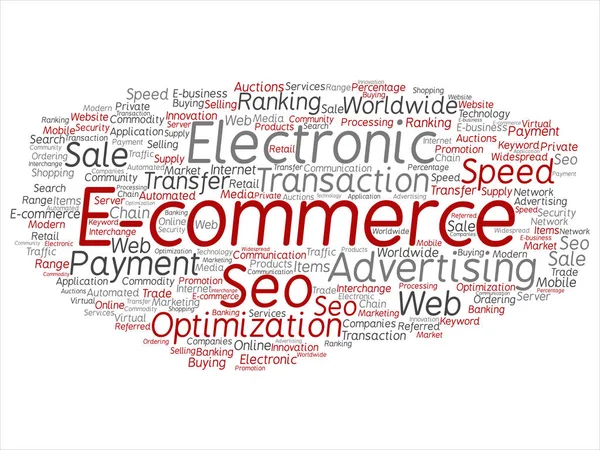 Concept conceptual E-commerce electronic sales abstract word cloud isolated on background metaphor to seo, optimization, transaction, web advertising, e-business, technology, worldwide supply