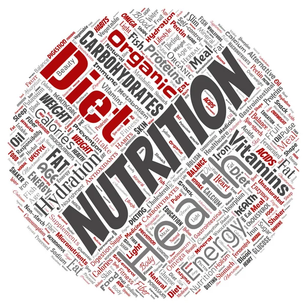 ラウンド サークル赤い単語概念栄養健康ダイエットはクラウド孤立した背景です 炭水化物 ビタミン エネルギー 酸化防止剤美容ミネラル タンパク質医学概念のコラージュ — ストック写真