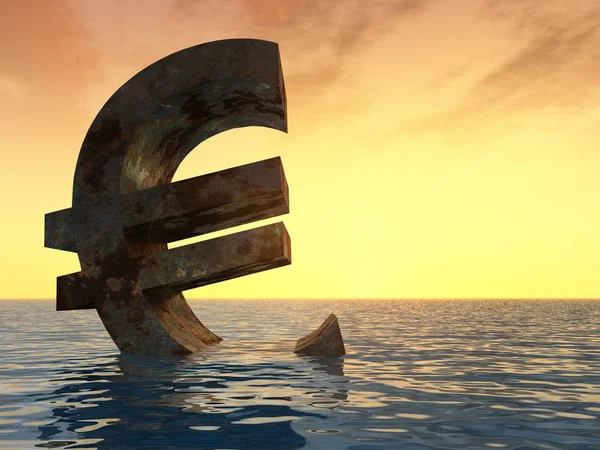 Kavramsal 3d örnek para birimi euro simgesini veya su, deniz ya da okyanus günbatımı arka plan kavramı Avrupa kriz için batan erkek