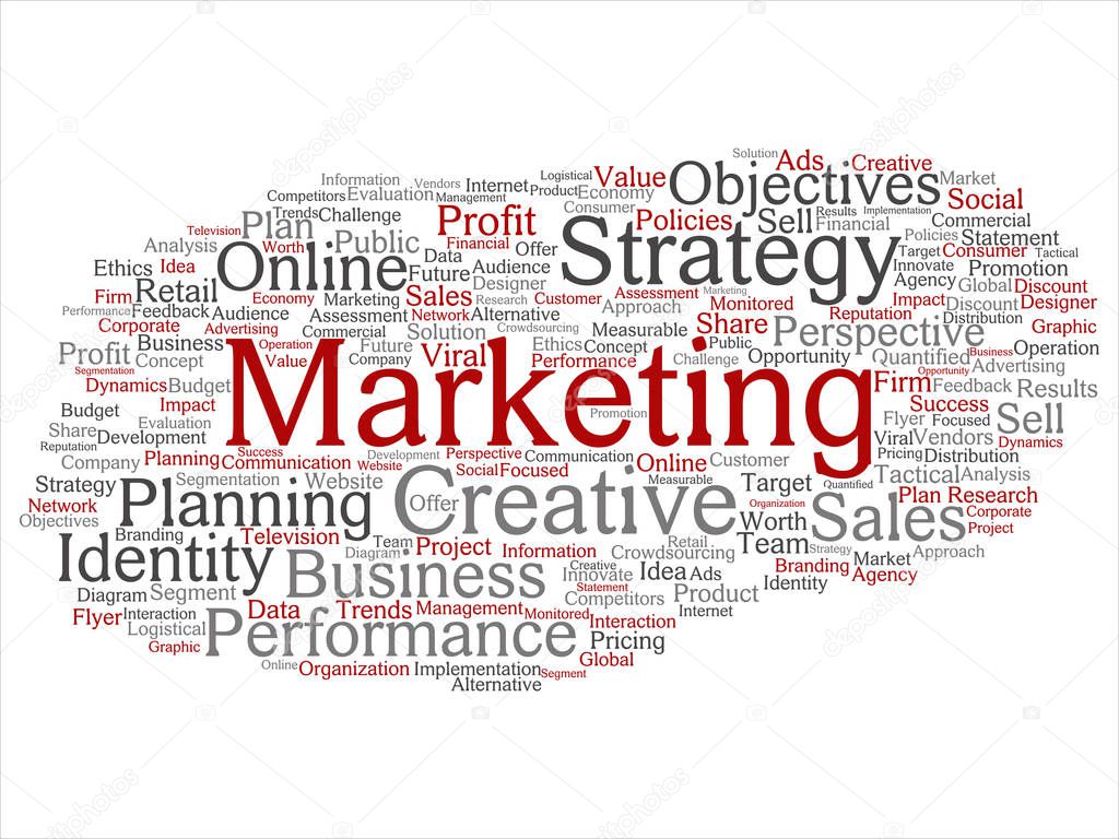 Concept or conceptual development business marketing target word cloud isolated background. Collage of advertising, strategy, promotion branding, value, performance planning or challenge text