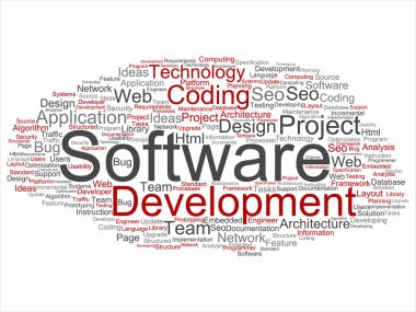 Kavram ya da kavramsal yazılım geliştirme projesi teknoloji soyut kelime bulutu kodlama arka plan izole. Uygulama web tasarım, seo fikir, uygulama, test yükseltme metin kolaj