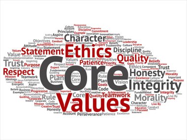 Kavramsal temel değerleri bütünlük etik kavramı kelime izole bulut arka plan soyut. Dürüstlük kalite güven, deyim, karakter, önemli azim, saygı güvenilir metin kolaj