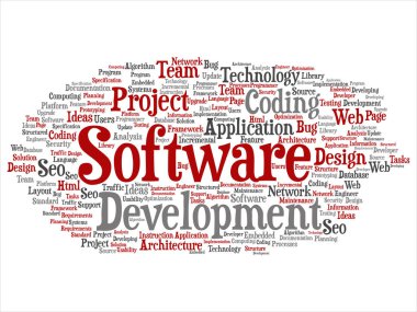 Kavram ya da kavramsal yazılım geliştirme projesi teknoloji soyut kelime bulutu kodlama arka plan izole. Uygulama web tasarım, seo fikir, uygulama, test yükseltme metin kolaj
