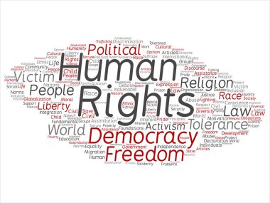 Kavram ya da kavramsal insan hakları siyasi özgürlük, demokrasi soyut kelime bulutu arka plan izole. İnsanlık dünya hoşgörü, hukuk ilkeleri, insanlar adalet ayrımcılık metin kolaj