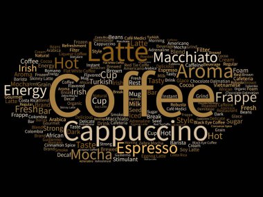 Kavramsal yaratıcı sıcak sabah İtalyan kahve molası, cappuccino veya espresso restoran veya kafeterya soyut arka plan üzerinde izole içecek kelime bulutu. Bir enerji ya da tat içecek konsepti metin