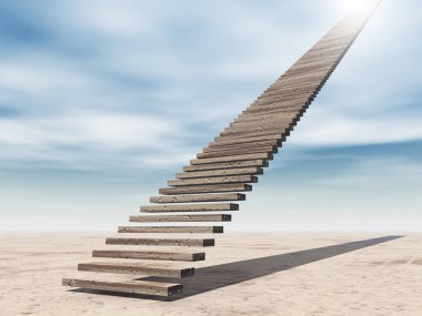 Kavram ya da kavramsal 3d illüstrasyon merdiven merdiven cennete çölde bulutlu gökyüzü arka plan üzerinde