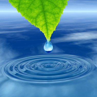 Kavram ya da kavramsal temiz kaynak suyu veya çiğ bırakın dalgalar yapma 3d illüstrasyon mavi temiz su üzerinde yeşil bir taze yaprak düşüyor