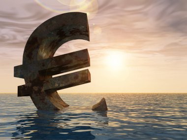 Kavramsal 3d örnek para birimi euro simgesini veya su, deniz ya da okyanus günbatımı arka plan kavramı Avrupa kriz için batan erkek
