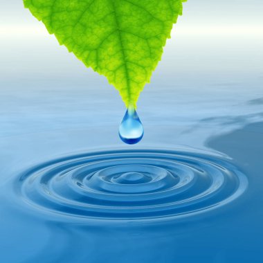 Kavram ya da kavramsal temiz kaynak suyu veya çiğ bırakın dalgalar yapma 3d illüstrasyon mavi temiz su üzerinde yeşil bir taze yaprak düşüyor