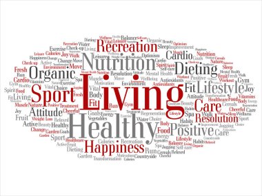 Kavram ya da kavramsal sağlıklı yaşam pozitif beslenme spor soyut kelime izole bulut arka plan. Mutluluk, bakım, organik, eğlence egzersiz, Güzellik, hayati sağlık spa metin kolaj