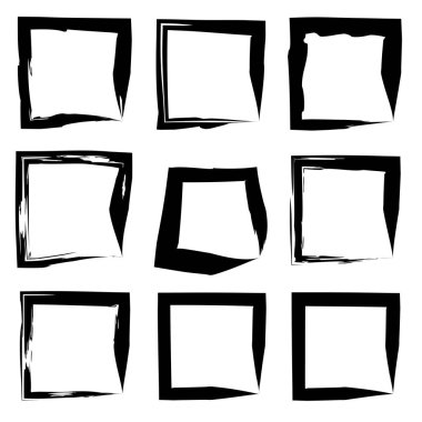 Koleksiyon veya sanatsal siyah boya el kümesi yaratıcı grungy fırça konturu kare kare veya beyaz arka plan üzerinde izole sınırları yaptı. Bir grunge eğitim kroki soyut yaratıcı mürekkep tasarım