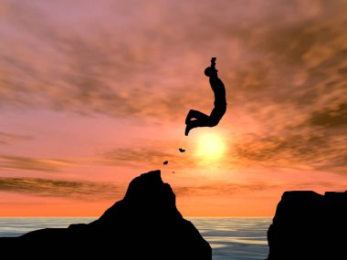 Kavram ya da kavramsal 3d resimde genç adam ya da işadamı siluet atlamak mutlu uçurumun üzerinden su gap gündoğumu veya günbatımı gökyüzü arka plan