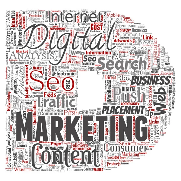 Conceito Marketing Digital Conceitual Seo Traffic Letter Font Word Cloud — Fotografia de Stock