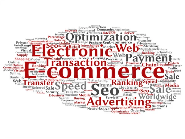 Vector concept conceptual E-commerce electronic sales abstract word cloud isolated on background metaphor to seo, optimization, transaction, web advertising, e-business, technology, worldwide supply
