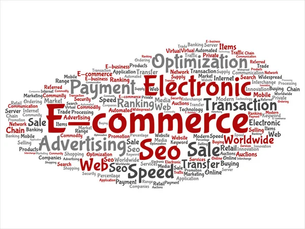 Concept conceptual E-commerce electronic sales abstract word cloud isolated on background metaphor to seo, optimization, transaction, web advertising, e-business, technology, worldwide supply