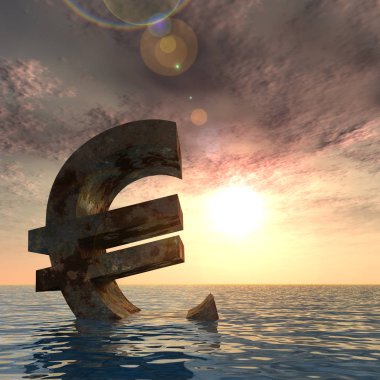 Kavramsal 3d örnek para birimi euro simgesini veya su, deniz ya da okyanus günbatımı arka plan kavramı Avrupa kriz için batan erkek