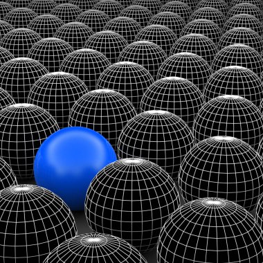 Kavram ya da kavramsal 3d resimde tel kafes siyah beyaz grup küreler veya kalabalık arka plan dışında özel bir farklı bir konumu olan topları