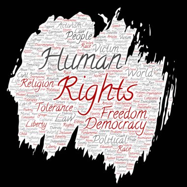 Kavramsal insan hakları siyasi özgürlük, demokrasi boya fırça kağıt kelime bulutu arka plan izole. İnsanlık hoşgörü, hukuk ilkeleri, insanlar adalet ya da ayrımcılık kavramı kolaj