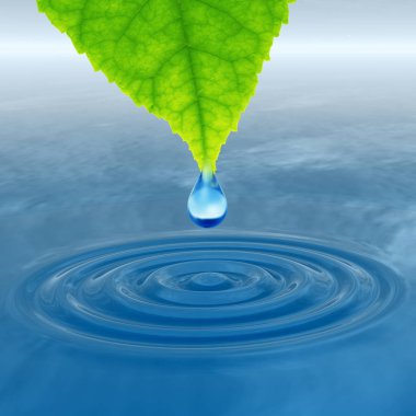 Kavram ya da kavramsal temiz kaynak suyu veya çiğ bırakın dalgalar yapma 3d illüstrasyon mavi temiz su üzerinde yeşil bir taze yaprak düşüyor