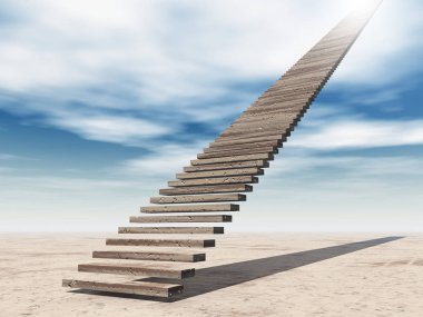 Kavram ya da kavramsal 3d illüstrasyon merdiven merdiven cennete çölde bulutlu gökyüzü arka plan üzerinde