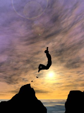 Kavram ya da kavramsal 3d resimde genç adam ya da işadamı siluet atlamak mutlu uçurumun üzerinden su gap gündoğumu veya günbatımı gökyüzü arka plan