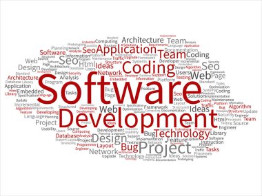 Kavram ya da kavramsal yazılım geliştirme projesi teknoloji soyut kelime bulutu kodlama arka plan izole. Uygulama web tasarım, seo fikir, uygulama, test yükseltme metin kolaj