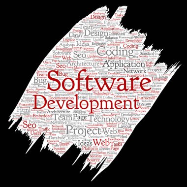 Kavramsal yazılım geliştirme projesi teknoloji boya fırça kağıt kelime bulutu kodlama arka plan izole. Uygulama web tasarım, seo fikir, uygulama, test yükseltme kavramı kolaj