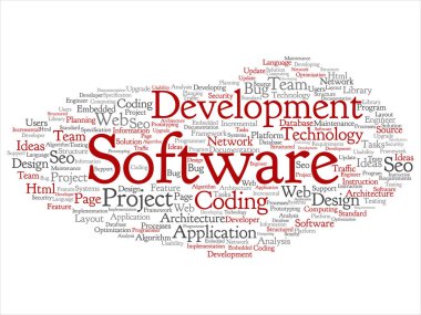Kavram ya da kavramsal yazılım geliştirme projesi teknoloji soyut kelime bulutu kodlama arka plan izole. Uygulama web tasarım, seo fikir, uygulama, test yükseltme metin kolaj