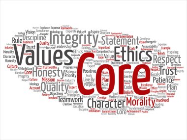 Kavramsal temel değerleri bütünlük etik kavramı kelime izole bulut arka plan soyut. Dürüstlük kalite güven, deyim, karakter, önemli azim, saygı güvenilir metin kolaj