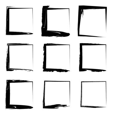 Koleksiyon veya sanatsal siyah boya el kümesi yaratıcı grungy fırça konturu kare kare veya beyaz arka plan üzerinde izole sınırları yaptı. Bir grunge eğitim kroki soyut yaratıcı mürekkep tasarım