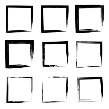 Koleksiyon veya sanatsal siyah boya el kümesi yaratıcı grungy fırça konturu kare kare veya beyaz arka plan üzerinde izole sınırları yaptı. Bir grunge eğitim kroki soyut yaratıcı mürekkep tasarım