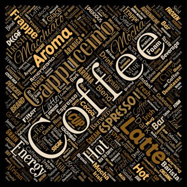 Kavramsal yaratıcı sıcak sabah İtalyan kahve molası cappuccino veya espresso restoran veya kafeterya kare izole kırmızı içecek kelime bulutu. Enerji ya da tat içecek konsepti metin bir sıçrama