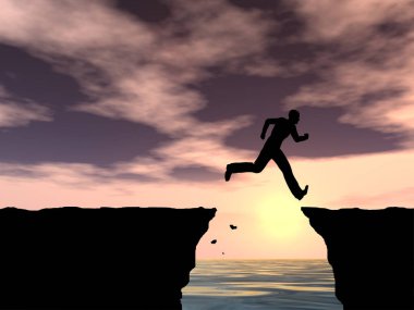 Kavram ya da kavramsal 3d resimde genç adam ya da işadamı siluet atlamak mutlu uçurumun üzerinden su gap gündoğumu veya günbatımı gökyüzü arka plan