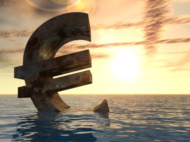 Kavramsal 3d örnek para birimi euro simgesini veya su, deniz ya da okyanus günbatımı arka plan kavramı Avrupa kriz için batan erkek